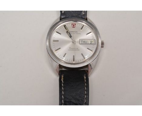 Gents Omega Megasonic 720HZ chronometer wristwatch, on a leather strap.