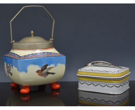 Two Continental porcelain sardine dishes, 15cm, a Noritake style fruit bowl with a plated rim and other pottery.
