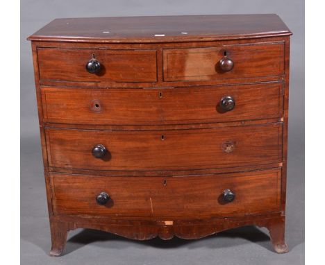 Georgian mahogany bow front chest of drawers, fitted with two short and three long drawers, splayed bracket feet, width 108cm