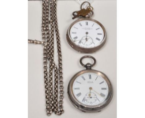 Silver cased pocket watch, white enamel dial signed Kay's Triumph, key wind lever movement and another silver cased pocket wa