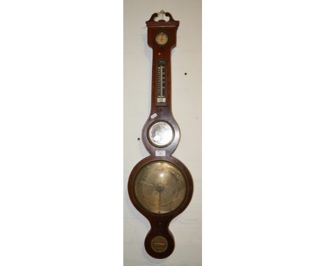 Victorian banjo shape mahogany wall barometer, signed M & E Levin, London, swan neck pediment, adapted, 98cm.