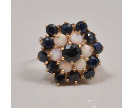 9ct hallmark gold sapphire and opal cluster ring.