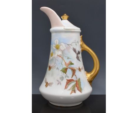 Coalport bone china covered jug, outside painted decoration of bees and blossom, initialled EP and dated 1902, 21cm.