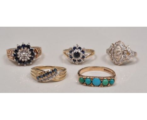 9ct hallmark gold diamond and sapphire ring, and four other 9ct gold dress rings (5).