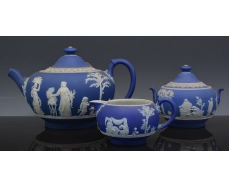 Wedgwood blue Jasperware teapot, applied moulded decoration of classical figures, 14cm, five other blue Jasperware teapots, a