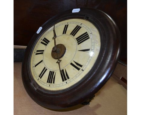 Stained mahogany postmans type alarm clock, white painted dial, weight driven movement diameter 30cm.