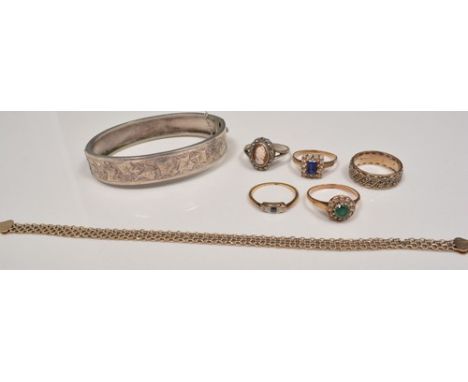 9ct gold bracelet, silver hinge and half engraved bangle, five various dress rings.