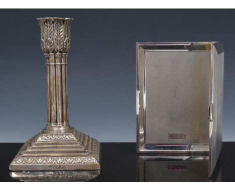 Victorian silver table candlestick, London 1898, cluster column form, step square base, weighted, 15cm and a silver cigarette