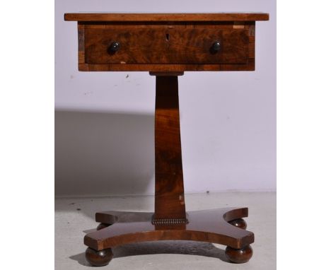 William IV mahogany pedestal work table, rectangular top with cross banding, fitted with a single frieze drawer, tapering col