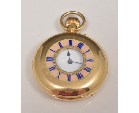 9ct hallmark gold half hunter fob watch, white enamel, keyless lever movement signed Goldsmith & Silversmiths Company, London