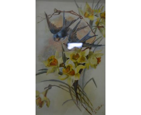 L Tebbutt, "Singing Blue Tits and a Sparrow", enamel on panel, 30cm x 20cm and a companion work "Swallows and Daffodils" (2).