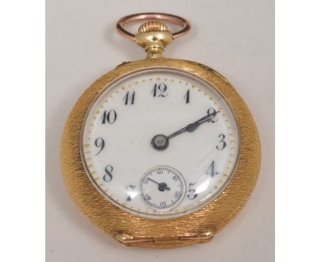 Small 18k gold fob watch, white enamel dial, keyless lever movement, the case with a blank Rococo cartouche against burnished