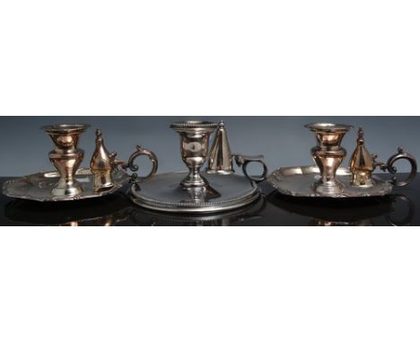 Pair of Victorian plated chamber sticks, urn shape sconces, lobed circular trays with snuffers, 9cm and another chamber stick