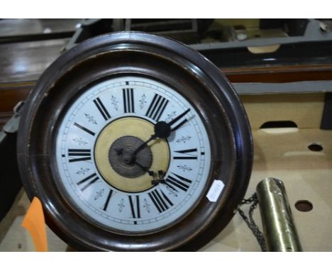 Stained wood postmans type alarm clock, silver dial, movement striking on a bell, diameter 28cm.