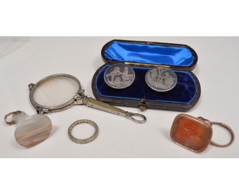 Pair of white metal Niellio ware studs, plain agate seal, a cornelian intaglio seal, Spinel eternity ring and a pair of lorgn