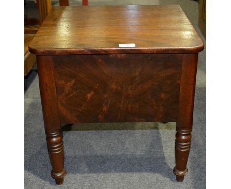 Victorian mahogany stool commode, hinged lid, turned legs, width 43cm.