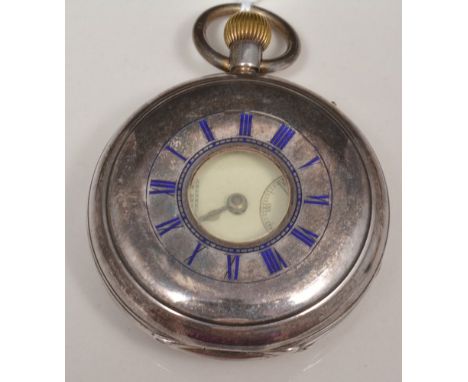 Victorian silver half hunter pocket watch, creamy white enamel dial signed H Samuel, Market Street, Manchester, keyless lever