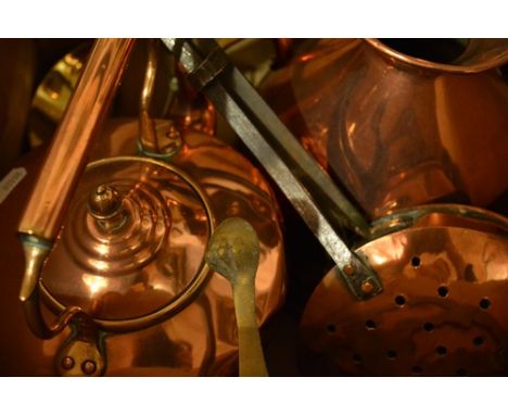 Victorian copper kettle, 26cm, a copper haystack measure, copper chestnut roaster, brass ladle and trivet.