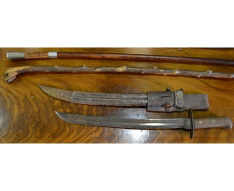 German short sword, 43cm blade marked HEMBRUG in a leather sheath with frog, a walking stick with a regimental crest, Gordon 