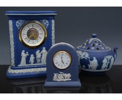 Wedgwood blue Jasperware mantel clock, clockwork movement, 15cm, another Wedgwood Jasperware mantel clock, a chamber stick, t