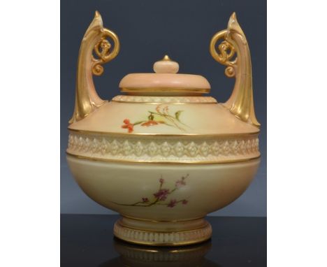 Royal  Worcester mortuary vase and cover, date mark for 1894, floral decoration on a blush ground, no. 1256, restored, 15cm.