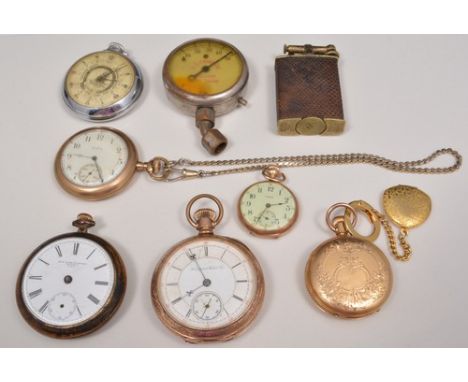 Gilt metal pocket watch, white enamel dial signed Hampden Watch Co., with subsidiary dial, engraved case, keyless lever movem