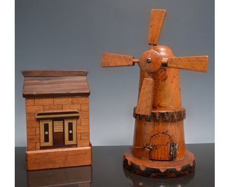 Parquetry work novelty cigarette dispenser, 14cm, an Italian novelty money box designed as a radio, a Japanese parquetry work