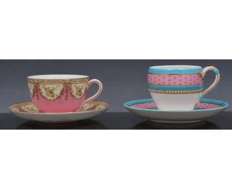 Royal Worcester cabinet cup and saucer, marked for 1852, decorated in pink and turquoise and a Royal Worcester trio, 1915, pi