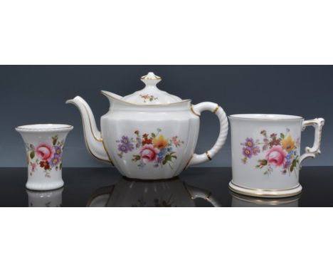 Royal Crown Derby tableware, Posies pattern, including a teapot, milk jug and sugar bowl, two jugs, tea caddy etc.