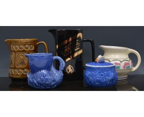 Honiton pottery jug, 12cm, Poole pottery items, a Wade Johnny Walker Black Label jug etc.
