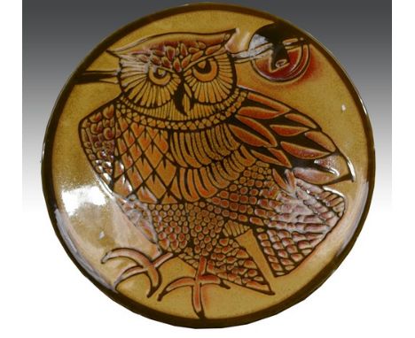 Poole pottery Aegean charger, decorated with an Owl, shape no. 54, diameter 41cm.