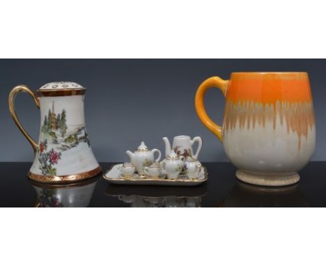 Miniature Limoges coffee set on tray, a miniature violin, a Noritake castor and a Shelley mug.