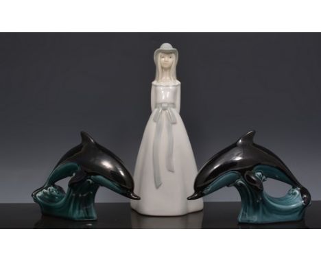 Stoneware bottles, Poole pottery dolphin, figurines, Royal Worcester wares etc (2 boxes).