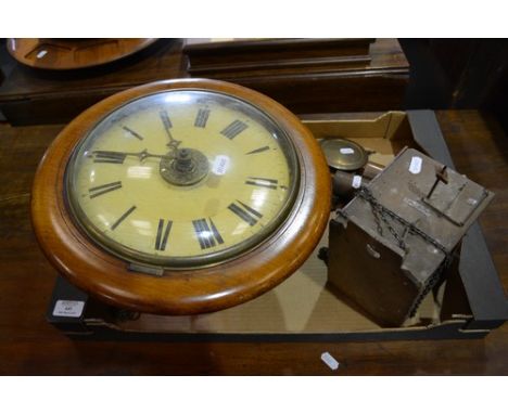 Light oak cased postman type alarm clock, white enamel dial, weight driven movement, diameter 34cm and an another clock movem