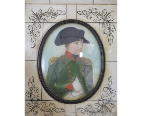 Reproduction oval portrait miniature, Napoleon in a segmented frame, 18cm x 16cm and three other reproduction miniatures (4).
