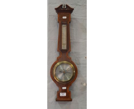 Mahogany and inlaid aneroid banjo shape wall barometer, signed Negretti Zambra, London, with stain wood banding and stringing