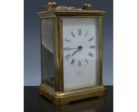 French brass case carriage clock, white enamel dial signed Drew & Son, London, platform escapement, 12cm.