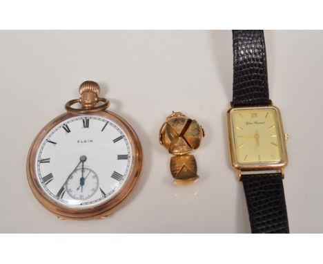 Gold plated pocket watch, white enamel signed Elgin, keyless lever movement, a gent's Yves Renaud 9ct gold wristwatch and a y