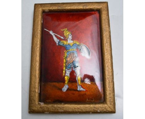 Limoges style enamel plaque, of a Greek Warrior, signed J Sarlandie, framed, 14cm x 10cm.