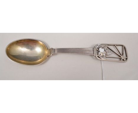 Danish Art Deco style silver spoon, possibly by Jens Sigsgaard enamel decoration to the handle, 15cm.