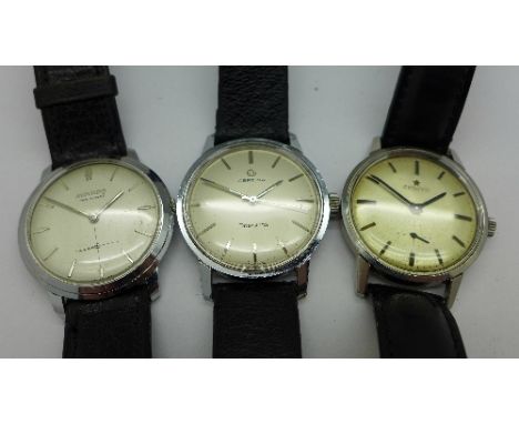 Three stainless steel manual wind wristwatches, Movado, Zenith and Certina, all working