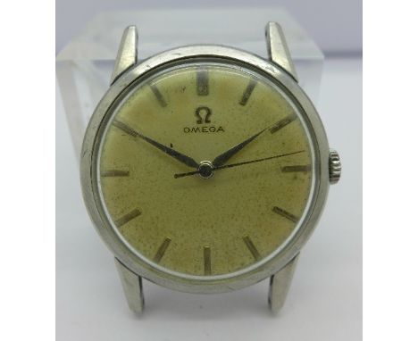 A stainless steel Omega manual wind wristwatch, 285 calibre, 17 jewels, loose crystal, not working. Case diameter 33mm