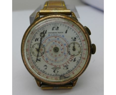 A Universal single button chronograph manual wind wristwatch, movement signed Universal Watch, hands a/f, not working. Case d