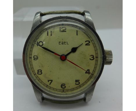 An Ebel manual wind military wristwatch head, fixed lugs, case back marked A.M 6B/159 8467/42, 32.5mm diameter, working