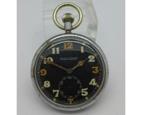 A Jaeger LeCoultre military pocket watch, black dial, case back marked GS/TP P10445 and broad arrow, fully wound