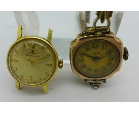 A lady's 9ct gold cased Rolex wristwatch, Rolex Prima movement, Rolex case and a Jaeger LeCoultre 18ct gold wristwatch head, 