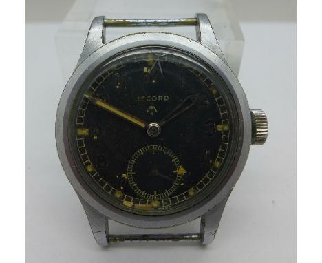 A Record manual wind military wristwatch head, broad arrow dial, case back marked W.W.W. L31264 549111, 35mm diameter, workin