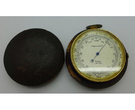 A Ross of London Compensated pocket barometer, working, case a/f. Case diameter 50mm