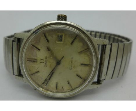 A stainless steel Omega Geneve manual wind wristwatch, calendar dial, 613 calibre, 17 jewels, not working. Case diameter 35mm