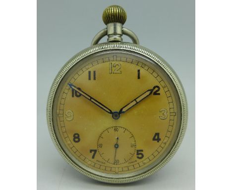 A military issue pocket watch, case back stamped GSTP S 048421, screw case, 16 jewel movement, working. Case diameter 52mm